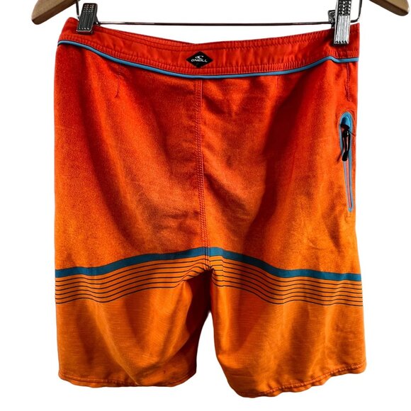 ONeill Mens Mid-Length Board Shorts Size 32 Orange/Blue Striped Drawstring Fit L - Picture 2 of 11